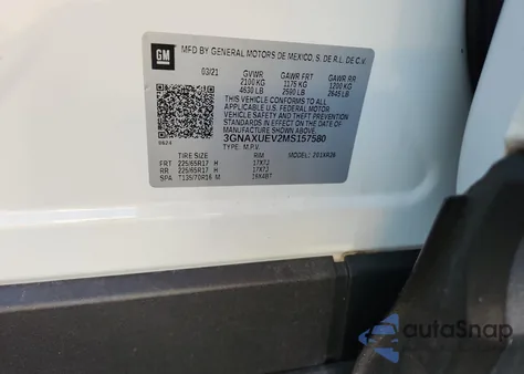 2021 Chevrolet Equinox Lt из США, поврежденный, VIN 3GNAXUEV2MS157580